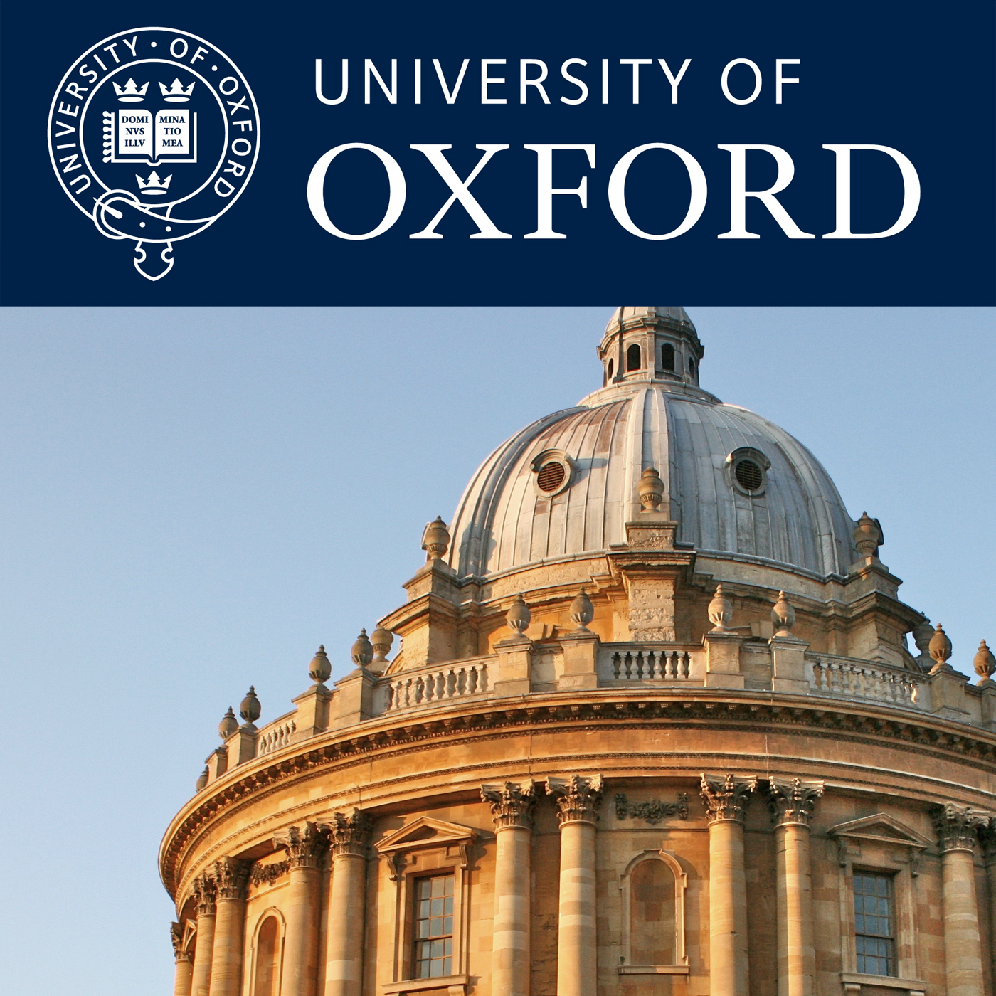 Radcliffe Camera roof against blue sky, with Oxford banner above